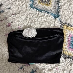 Black Strapless Top with White Rose Detail- BRAND NEW